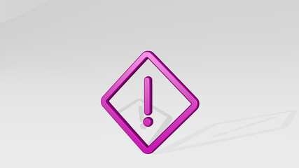 ALERT DIAMOND stand with shadow. 3D illustration of metallic sculpture over a white background with mild texture. icon and alarm