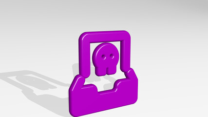 drawer skull stand with shadow. 3D illustration of metallic sculpture over a white background with mild texture. cabinet and design