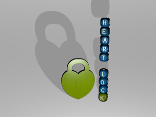 3D graphical image of HEART LOCK vertically along with text built around the icon by metallic cubic letters from the top perspective. excellent for the concept presentation and slideshows.