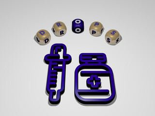 3D representation of DROPS with icon on the wall and text arranged by metallic cubic letters on a mirror floor for concept meaning and slideshow presentation. background and water