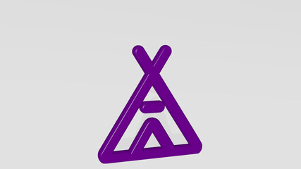 CAMPING TENT made by 3D illustration of a shiny metallic sculpture with the shadow on light background. adventure and forest