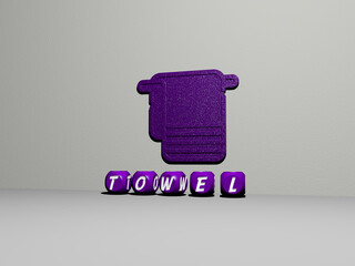 3D illustration of towel graphics and text made by metallic dice letters for the related meanings of the concept and presentations. background and white