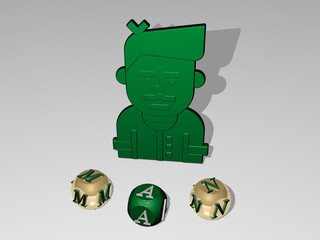 3D illustration of MAN graphics and text around the icon made by metallic dice letters for the related meanings of the concept and presentations