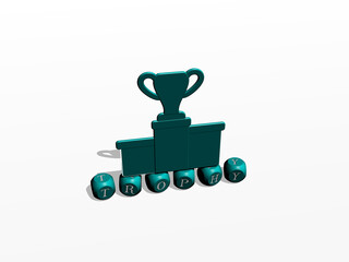 3D graphical image of trophy vertically along with text built by metallic cubic letters from the top perspective, excellent for the concept presentation and slideshows. illustration and award