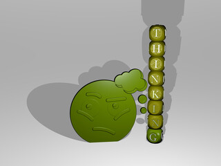 3D illustration of THINKING graphics and text around the icon made by metallic dice letters for the related meanings of the concept and presentations. background and business
