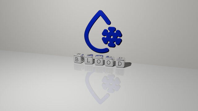 3D representation of BLOOD with icon on the wall and text arranged by metallic cubic letters on a mirror floor for concept meaning and slideshow presentation. illustration and background