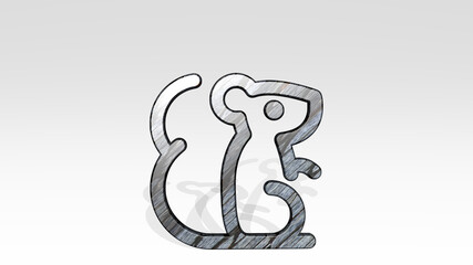 squirrel made by 3D illustration of a shiny metallic sculpture casting shadow on light background. animal and cute