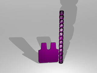 3D illustration of suppositories graphics and text around the icon made by metallic dice letters for the related meanings of the concept and presentations