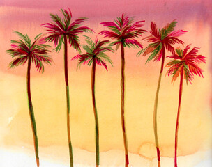 Obraz na płótnie Canvas Palm trees on the beautiful sunset sky background. Ink and watercolor drawing