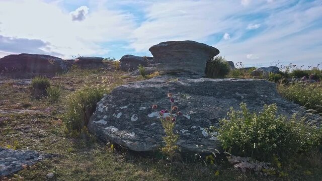 Unique rock formations in rauk field, ground level shot
