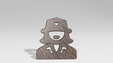 PROFESSIONS WOMAN POST casting shadow from a perspective. A thick sculpture made of metallic materials of 3D rendering. illustration and icon