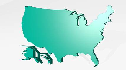 MAP OF AMERICA from a perspective with the shadow. A thick sculpture made of metallic materials of 3D rendering. illustration and background
