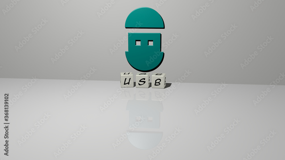 Fototapete 3d illustration of usb graphics and text made by metallic dice letters for the related meanings of t