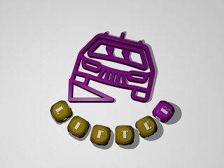 3D graphical image of lifter vertically along with text built around the icon by metallic cubic letters from the top perspective, excellent for the concept presentation and slideshows