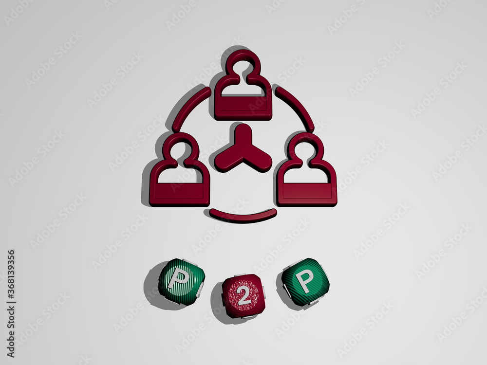 Poster 3d representation of p2p with icon on the wall and text arranged by metallic cubic letters on a mirr