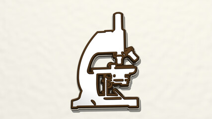 MICROSCOPE from a perspective on the wall. A thick sculpture made of metallic materials of 3D rendering. biology and illustration
