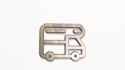 TRUCK RV from a perspective on the wall. A thick sculpture made of metallic materials of 3D rendering. illustration and car
