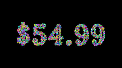 $54. written in 3D illustration by colorful small objects casting shadow on a black background