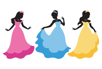 Vector illustration of long haired princess black silhouette in princess costume.