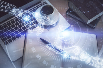 Multi exposure of data theme drawing hologram over topview work desk background with computer. Concept of technology.