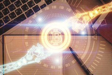 Blockchain theme hologram drawings over computer on the desktop background. Top view. Double...