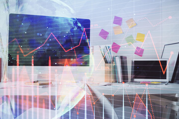 Double exposure of financial graph drawing and office interior background. Concept of stock market.