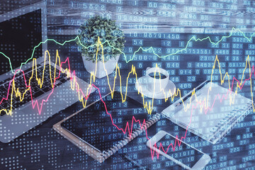 Double exposure of financial graph drawing and cell phone background. Concept of forex trading