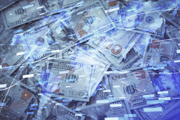 Double exposure of data theme drawing over us dollars bill background. Technology concept.