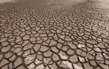 Earth ground crack with dust and rough dry surface texture ,Drought land lack of water. Global warming and greenhouse effect concept.