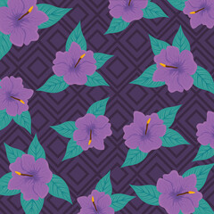 tropical background, hibiscus purple color, with tropical leaves vector illustration design