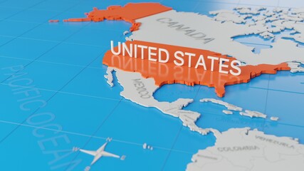 Obraz premium United States highlighted on a white simplified 3D world map. Digital 3D render.