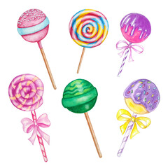 watercolor set of six bright sweet lollipop