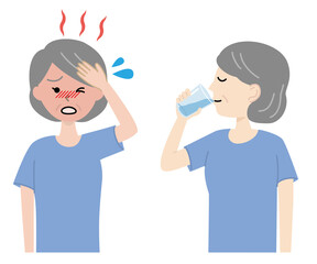 Elderly woman rehydrating, heat stroke