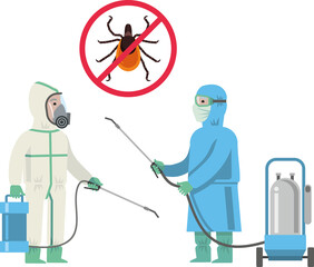 Disinfector in a protective suit, mask with disinfection equipment, disinfectant sprays. Disinfection, treatment against insects, ticks, parasites. Flat infographics. Vector illustration..