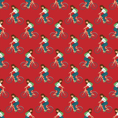 Fototapeta na wymiar BIKE GIRL Tourist With A Backpack Goes On A Journey Seamless Pattern Vector Illustration For Print