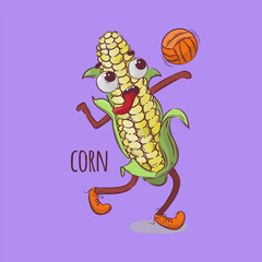 CORN VOLLEYBALL Sport Vegetable Cartoon Health Nutrition Nature Hand Drawn Vector Illustration For Print