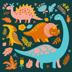 DINO COLLECTION Grunge Prehistoric Cartoon Animals Vector Illustration Set For Print