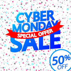 Cyber Monday Sale, up to 50% off, poster design template, special offer, vector illustration