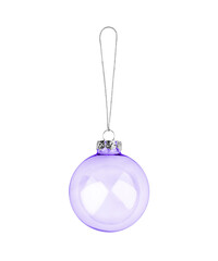 Purple transparent glass ball hanging on thread white background isolated close up, violet Сhristmas tree decoration, shiny round bauble, traditional new year holiday decor design element, xmas toy