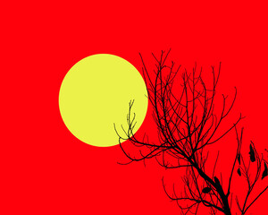Beautiful landcape of single dead tree silhouette of trees with sunset twilight background. Red orange light on sunset sky over the trees,