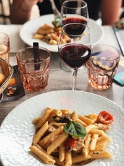 french fries and wine, pasta, Antibes, restaurant, fine dining, France, cote d'azur, outdoor seating