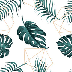 Leaves seamless pattern with abstract polygonal line