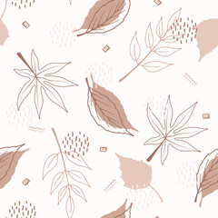 Seamless pattern of abstract autumn elements, geometric shapes, plants and leaves in one line style. For mobile app page, web, wrapping paper, textile template. Vector minimalistic illustration.
