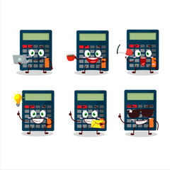 Calculator cartoon character with various types of business emoticons