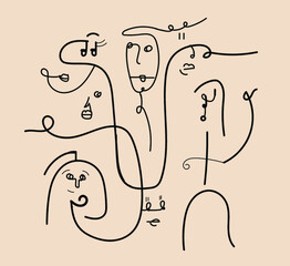 vector illustration of an abstract background, beige, faces, drawing, silhouette
