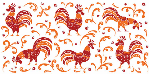 Seamless pattern. Decorative roosters surrounded by ornaments. Traditional folk paintings. Vector graphics © Евгений Казанцев