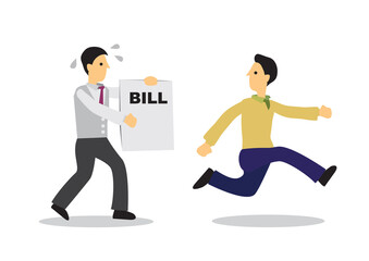Businessman running away from a man with a bill. Business concept of escape or debt.