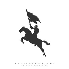 medieval knight logo with flag element for business company