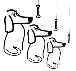 silhouette of dog, vector illustration, fido, dog and bone art, drawing, sketch, three dogs, dog family, puppy, puppies, beagles, schnauzers, snout, noses, wagging tail