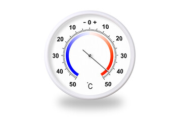 Outdoor thermometer on white background. Ambient temperature plus 44 degrees celsius